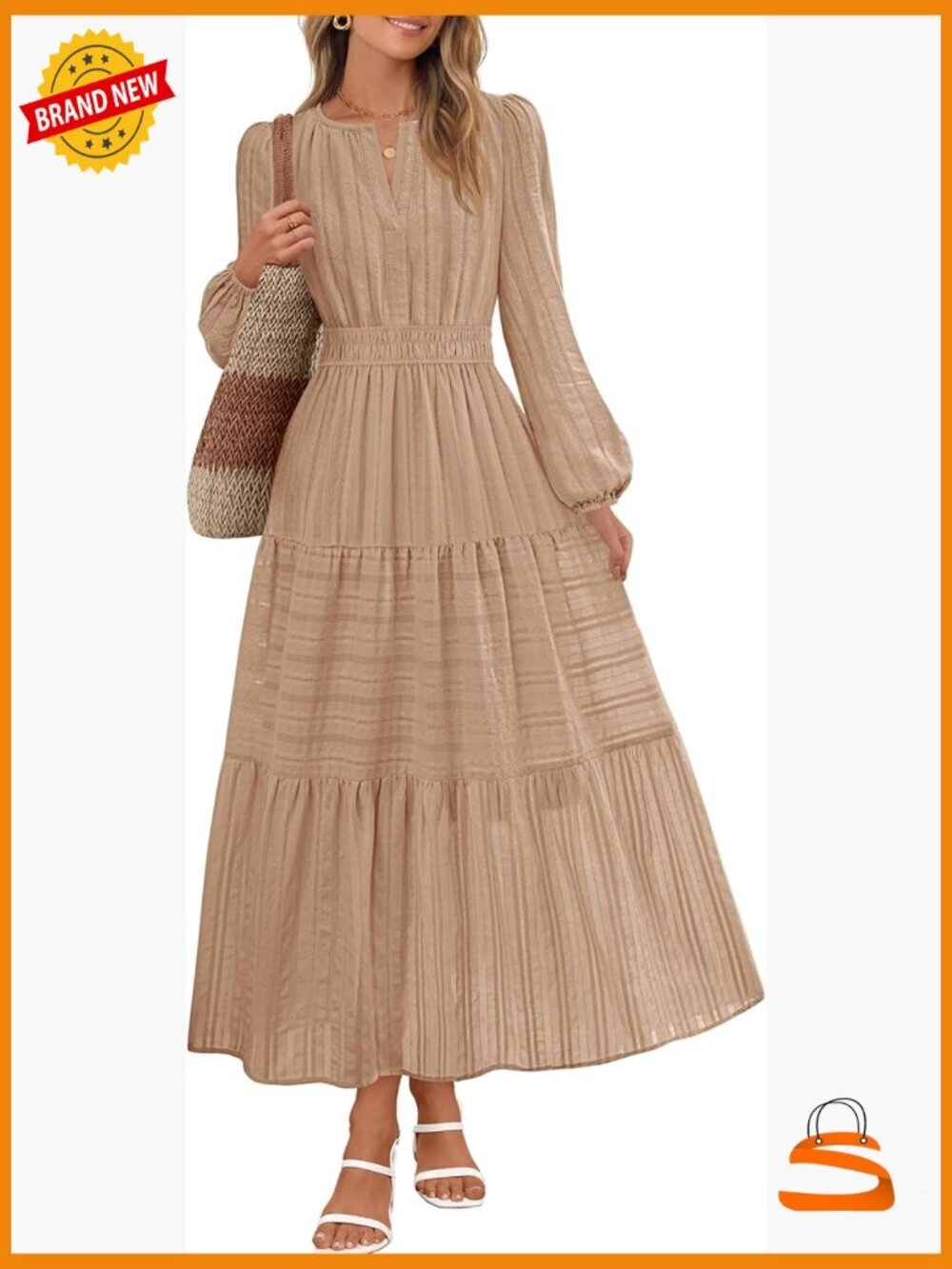 Women's Boho Long Sleeve Cotton Midi Dress with Pockets V Neck